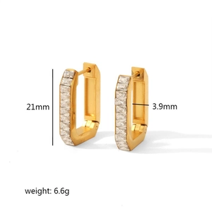 Detail of gold rectangular stainless steel earrings with clear zircon stones and size metrics
