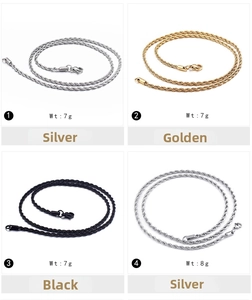 Detail showing high-quality rope chain necklaces in silver, golden, and black steel finishes