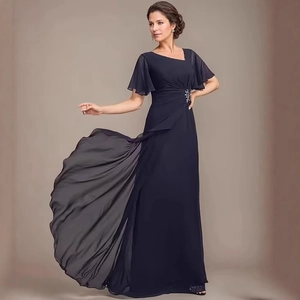 Navy blue chiffon long evening gown with flutter sleeves and crystal waist detail