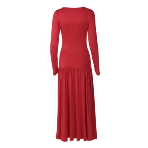 Back view of red V-neck long sleeve maxi dress with pleated skirt and slim fit design