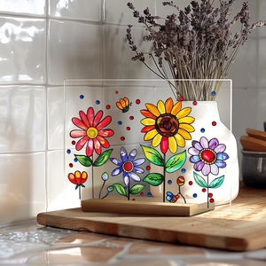 Floral acrylic desktop plaque with sunflowers and daisies on a natural wooden base
