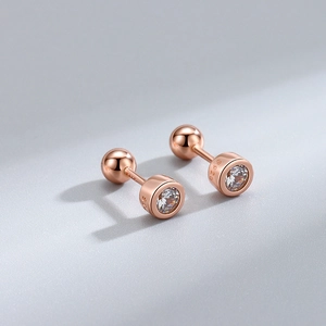 S925 sterling silver rose gold screw back earrings with round sparkling zircon stones
