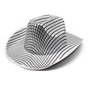Silver metallic disco cowboy hat with black checkered pattern and classic wide brim