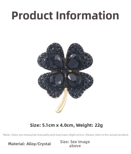 Detail view of crystal clover brooch with dimensions 5.1cm by 4.0cm and weight of 22g