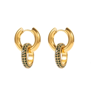 Luxury gold hoop earrings with green zircon oval pendants on a clean white background