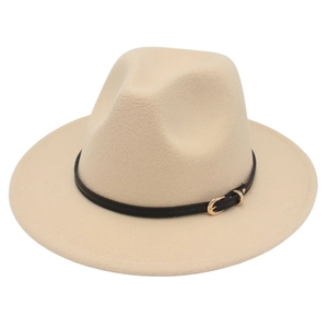 Classic beige wool fedora jazz hat with a black leather band and gold buckle detail