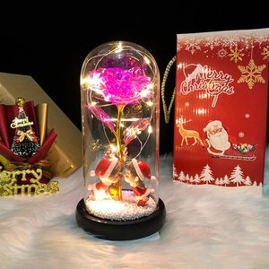 Glow Christmas glass dome with pink rose, LED lights, and festive couple figurines