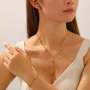Bijoux Coeur Acier Inoxydable Plaque Or Rhinestone Coeur Collier Bracelet Boucles D'Oreilles Mode Pour Femmes