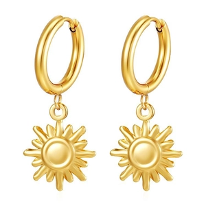 Detailed view of 18K gold plated stainless steel sun pendants with a polished finish
