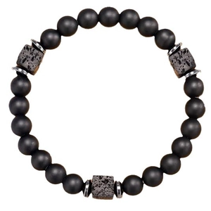 Men's natural stone bead bracelet with matte black beads and lava stone accents