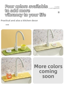 Detailed view of silicone faucet splash guard mat with drainage grooves in multiple colors