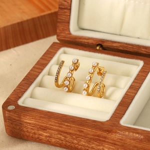 Double-row pearl and zircon hoop earrings in 18k gold-plated stainless steel for women