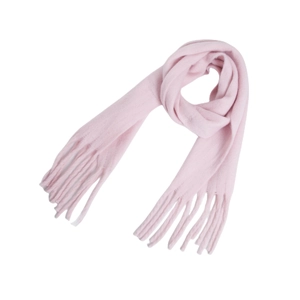 Detail of soft pink knit mohair scarf with fringe tassels and warm texture