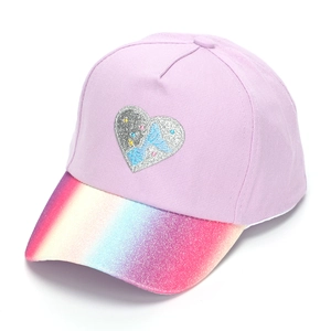 Detail of girls' light purple baseball cap with rainbow sequins and heart fishtail design