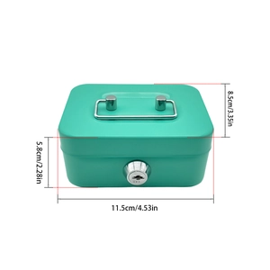 Green metal cash box with handle and key lock, showing dimensions 11.5x8.5x5.8 cm