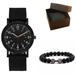 Coffret montre homme avec bracelet en nylon noir et bracelet en pierre de lave haltère