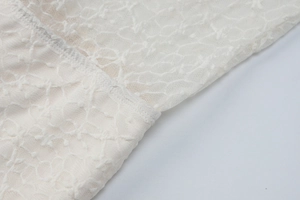 Gros plan sur le tissu en dentelle beige avec motifs floraux et texture de maille fine