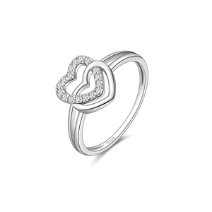 Macro shot of S925 sterling silver heart ring with S925 hallmark and crystal details
