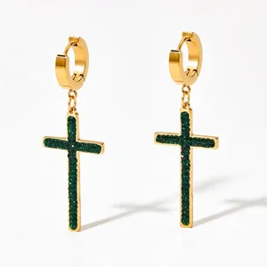 Punk style gold plated stainless steel hoop earrings with green rhinestone cross charms
