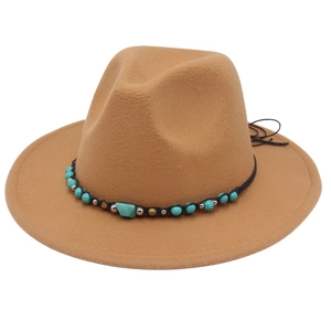 Classic camel wide brim cowboy hat with bohemian turquoise bead band decoration