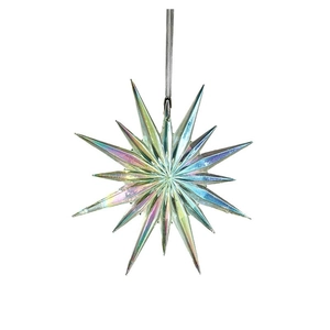 Iridescent acrylic snowflake star ornament with silver hanging string for holiday decor
