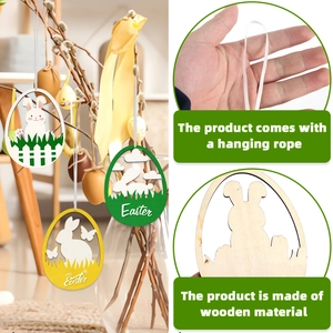 Detail of Easter wooden bunny and hollow egg pendants hanging on branches with jute ropes