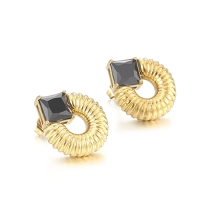 French vintage gold spiraled earrings with square black gemstone inlay for women