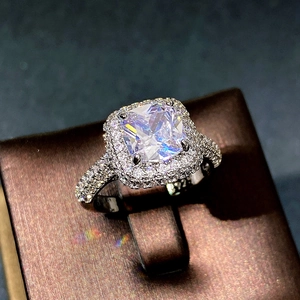 S925 sterling silver square cushion cut halo engagement ring with pavé diamonds