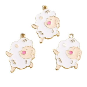 Three white enamel cartoon sheep charms with golden borders for DIY jewelry making
