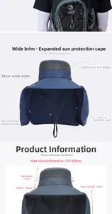 Detailed view of outdoor sun hat featuring 10cm wide brim and 22cm long neck protection flap
