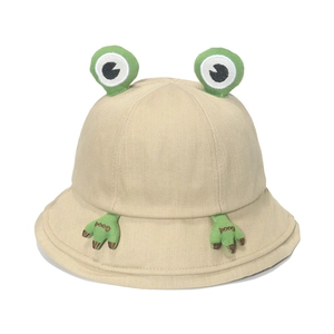 Cute beige frog themed kids bucket hat with green eyes and 'Good' embroidery detail