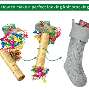 Knitted grey Christmas stocking with cable stitch pattern and festive holiday fillers