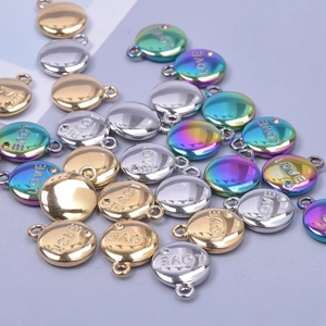 Polished round LOVE pendants in gold, silver, and rainbow colors for DIY jewelry
