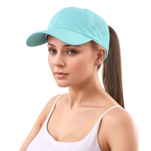 Detail of light blue quick-dry baseball cap with laser-cut breathability holes