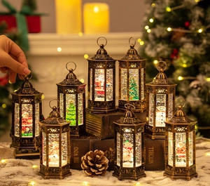 Macro display of eight vintage bronze Christmas lanterns with snow globe glitter effect