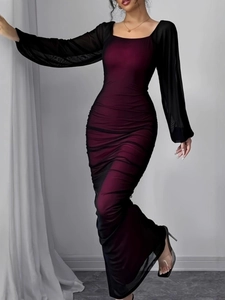 Elegant long sleeve bodycon dress with sheer mesh sleeves and ruched burgundy gradient