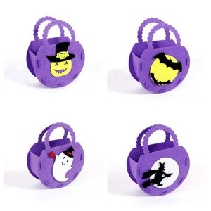Set of four purple Halloween felt gift bags with pumpkin, bat, ghost and witch designs