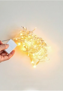 Detail of hand holding a warm white LED string light battery box for holiday decor