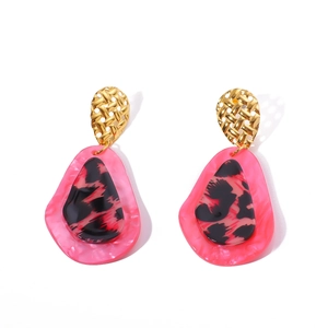 Pink and black leopard print resin teardrop earrings with gold stainless steel hooks