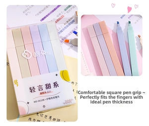 Close-up of Morandi soft tip highlighters set in clear case on an open book