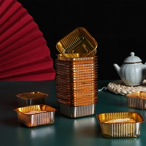 Golden 75ml aluminum foil square trays for mooncakes with ribbed edges and elegant decor