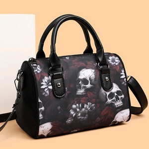 Skull and floral printed Oxford fabric Boston bag with black leather handles and strap