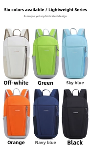 Collage of lightweight nylon backpacks in six colors with mesh side pockets and brand logo