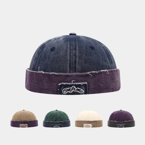 Retro Waschbaumwolle Docker Mütze Randlose Kappe Distressed Kontrastfarbe Stickerei Patch Verstellbar Streetwear Für Herren Damen