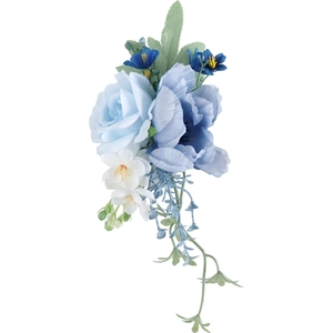 Blue bridal corsage with faux roses, greenery and cascading vines for wedding events