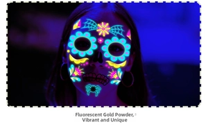 Macro detail of neon Halloween face tattoo with glowing spider web and floral patterns