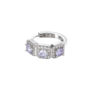Silver geometric hoop earring featuring square settings and purple cubic zirconia
