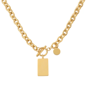 Close-up of golden OT buckle chain necklace with blank square and round pendant tags