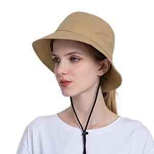 Beige outdoor sun hat with wide brim and adjustable chin strap for hiking and fishing