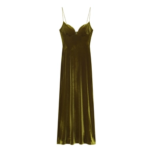 Velvet Maxi Dress Spaghetti Strap Deep V-Neck Back Zipper Slim Fit Elegant Evening Gown Women Olive Green